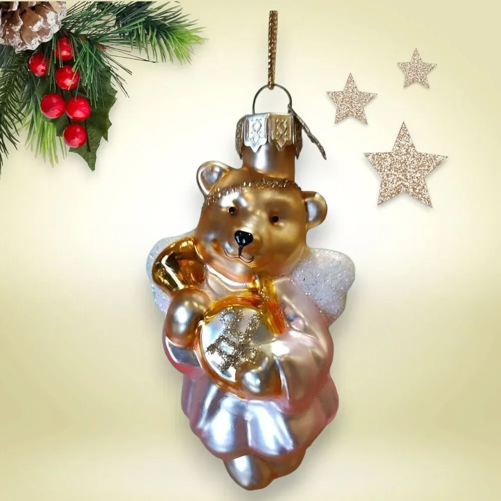 Gold Pink Angel Teddy Bear Ornament Hand Blown Glass Thomas Pacconi Classics '02